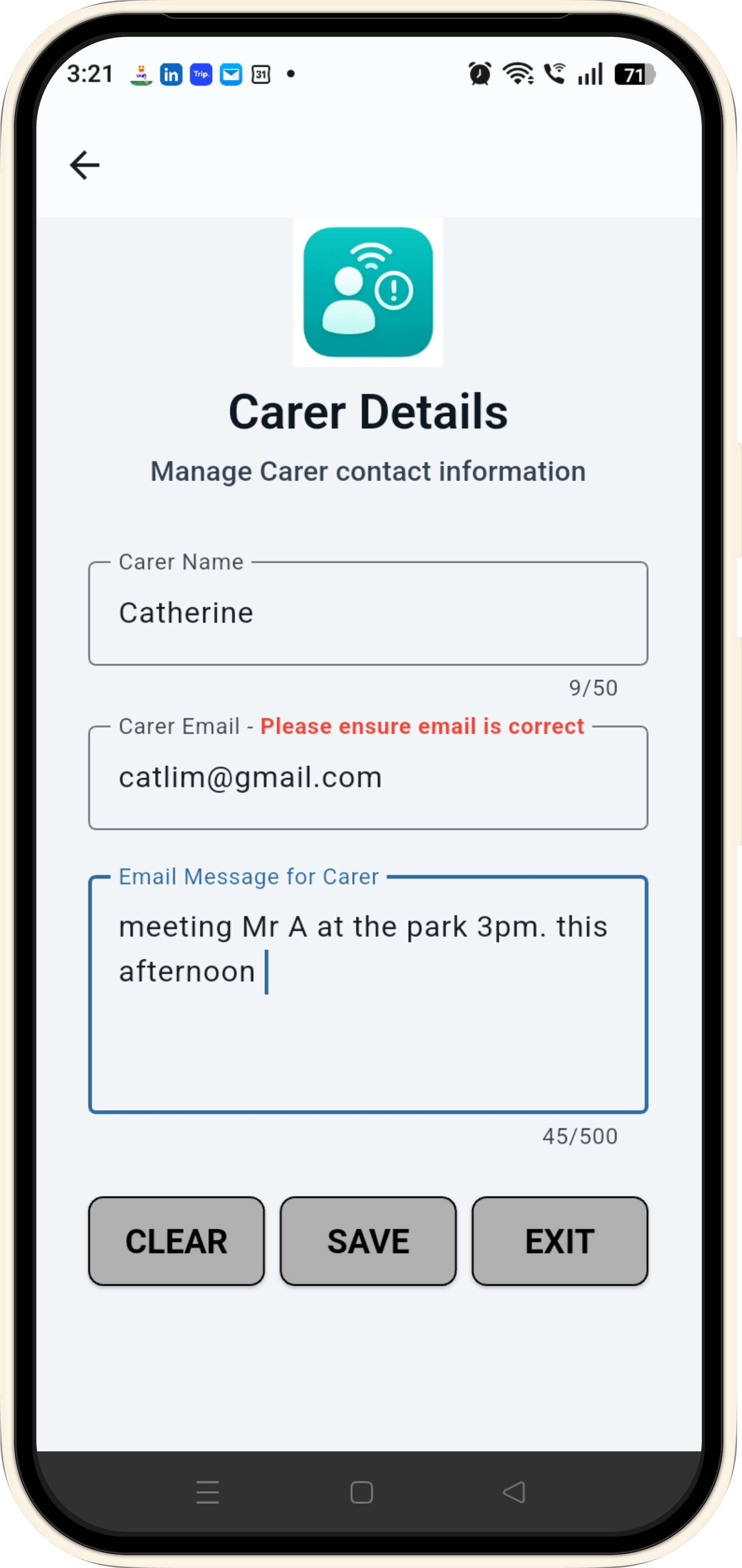 Check-On-Me carer details screen