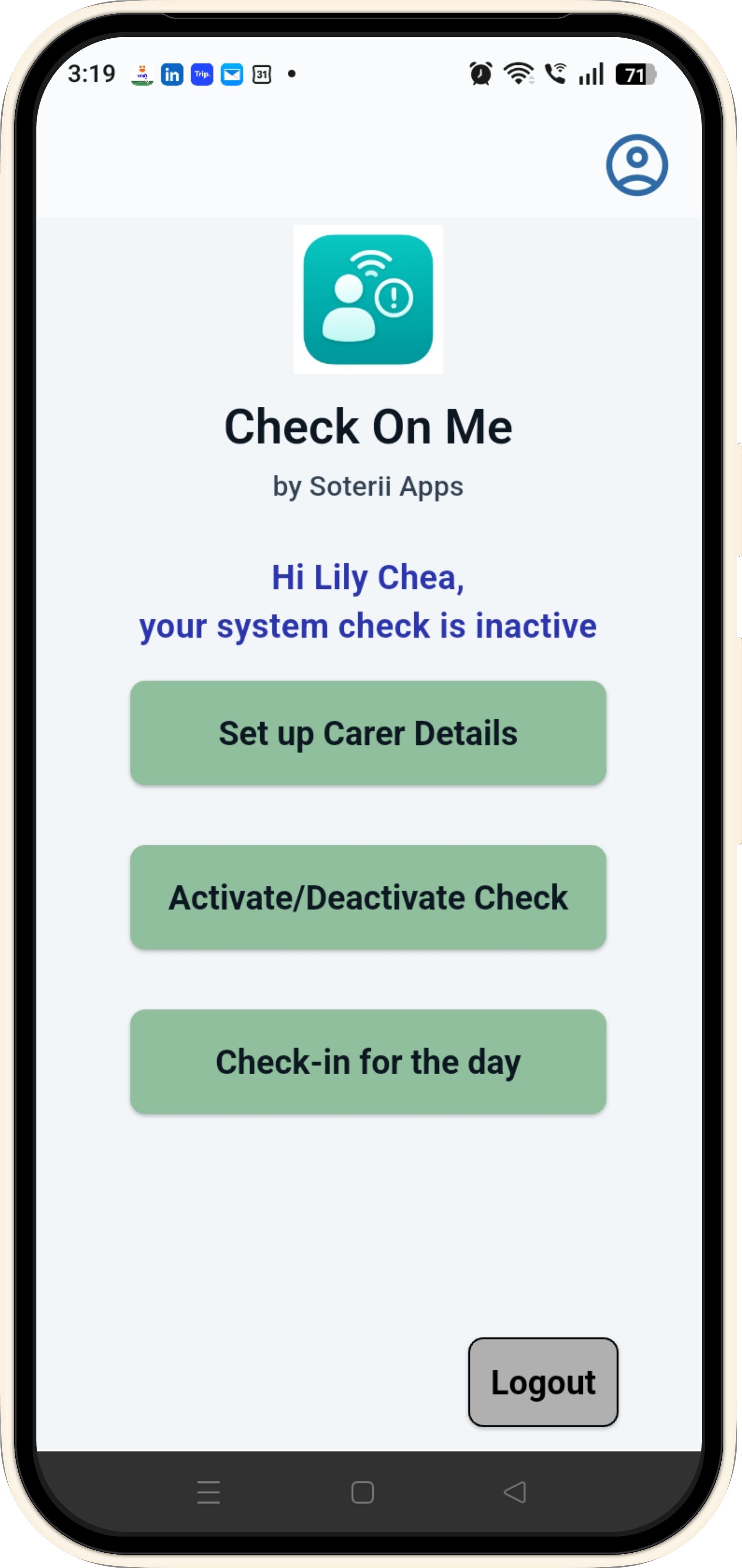 Check-On-Me home screen